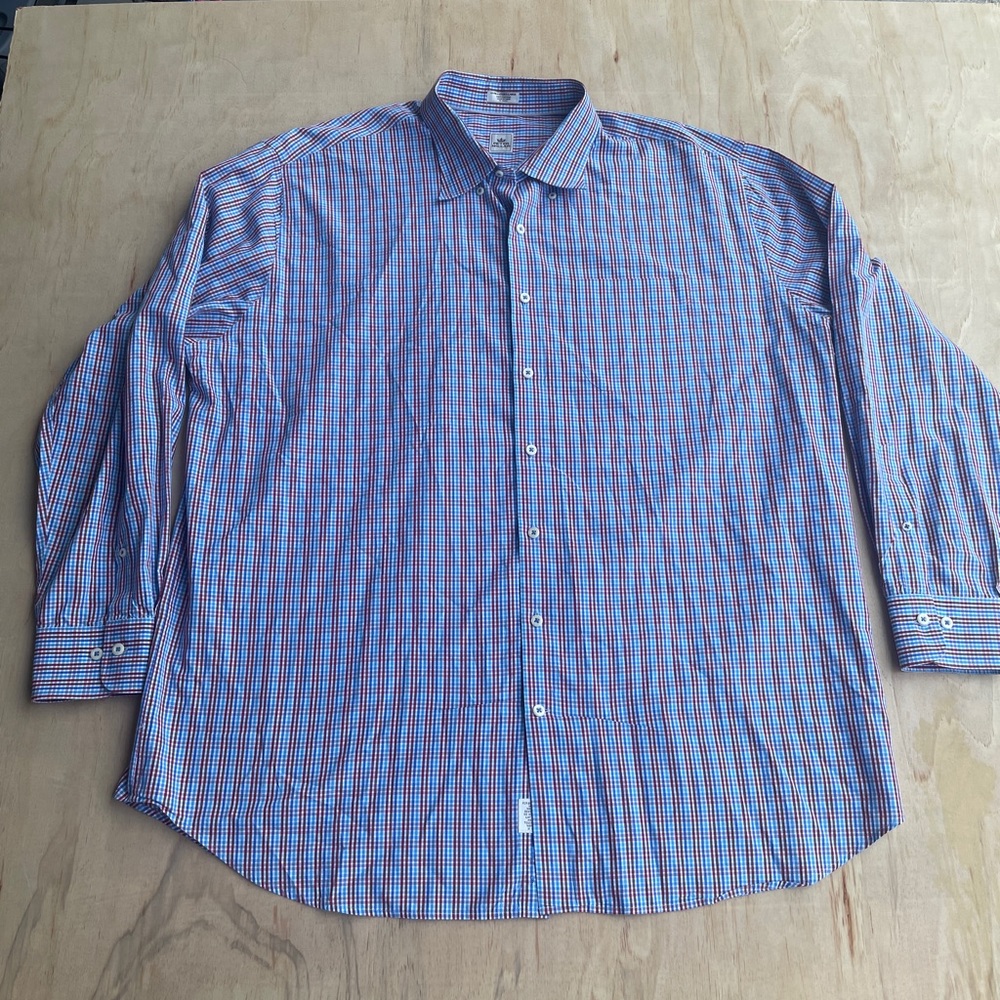 Peter Millar XXL Men's Button Down Shirt Red/Blue Cotton Checked Long Sleeve